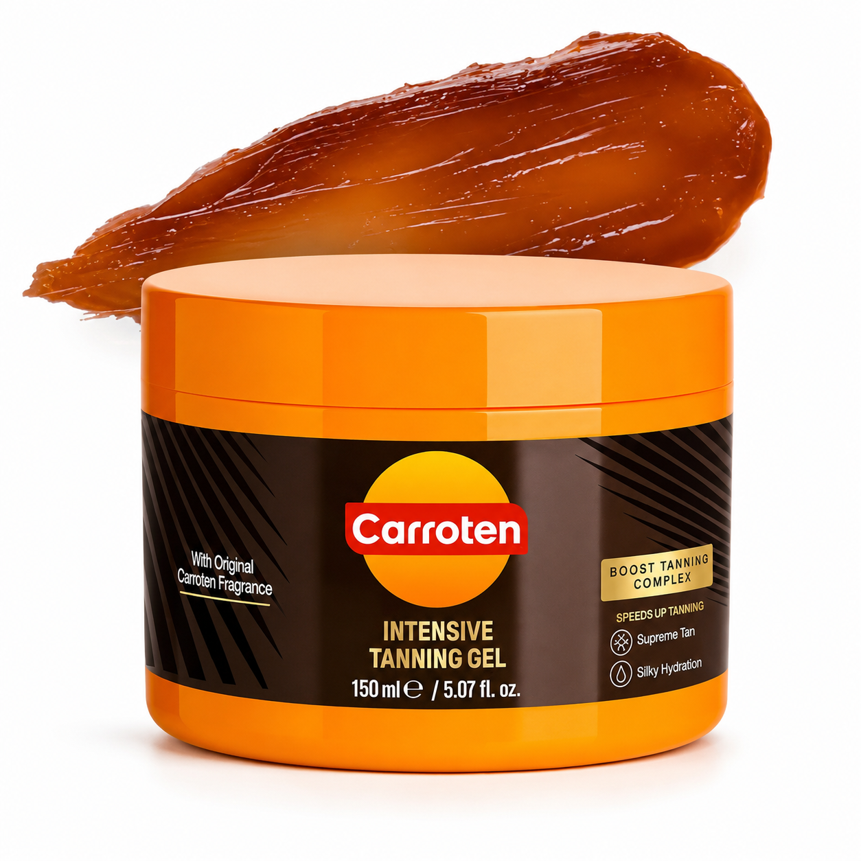 Carroten Intensive Tanning Gel jar with a swatch of tanned skin on a white background