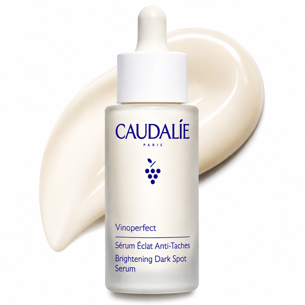 Caudélé skincare serum bottle with dropper on a white background