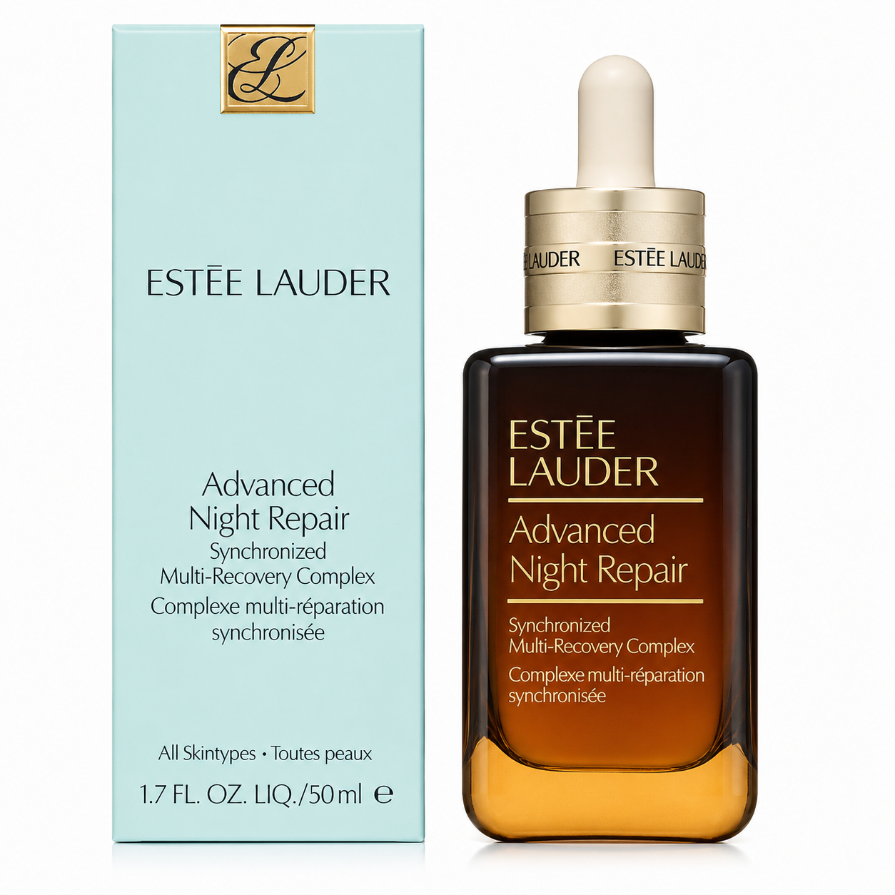 Estée Lauder Advanced Night Repair serum bottle and packaging on a white background