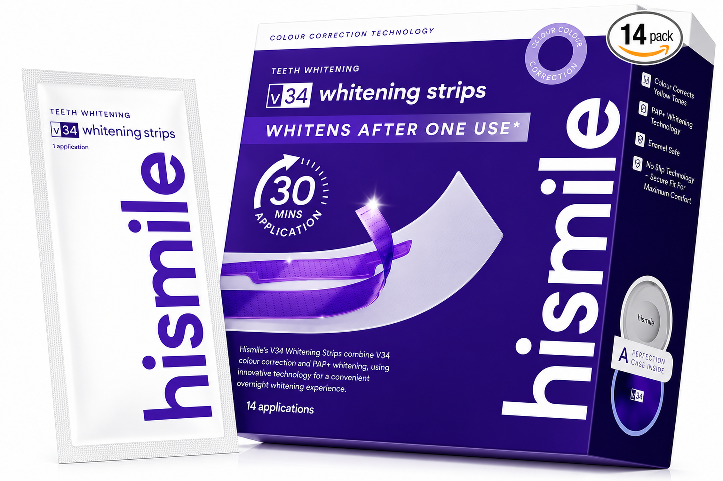Hismile v3.4 teeth whitening strips 14-pack box and one individual packet shown on a clean white background.