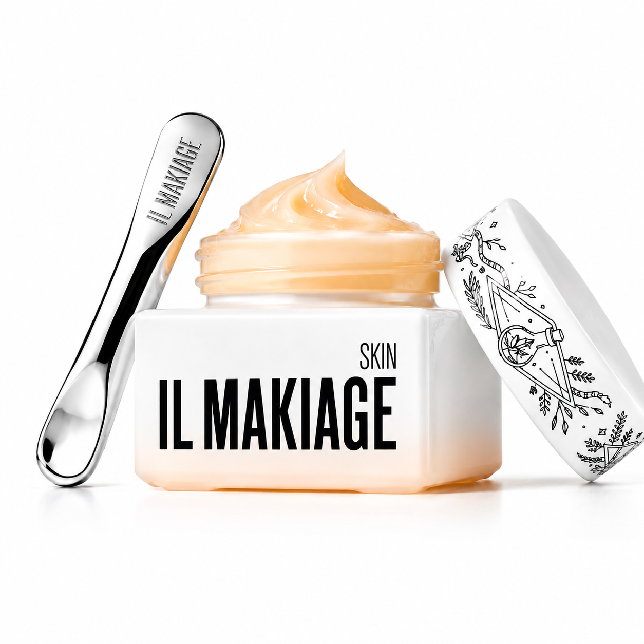 IL Makiage skincare product with a spoon on a white background