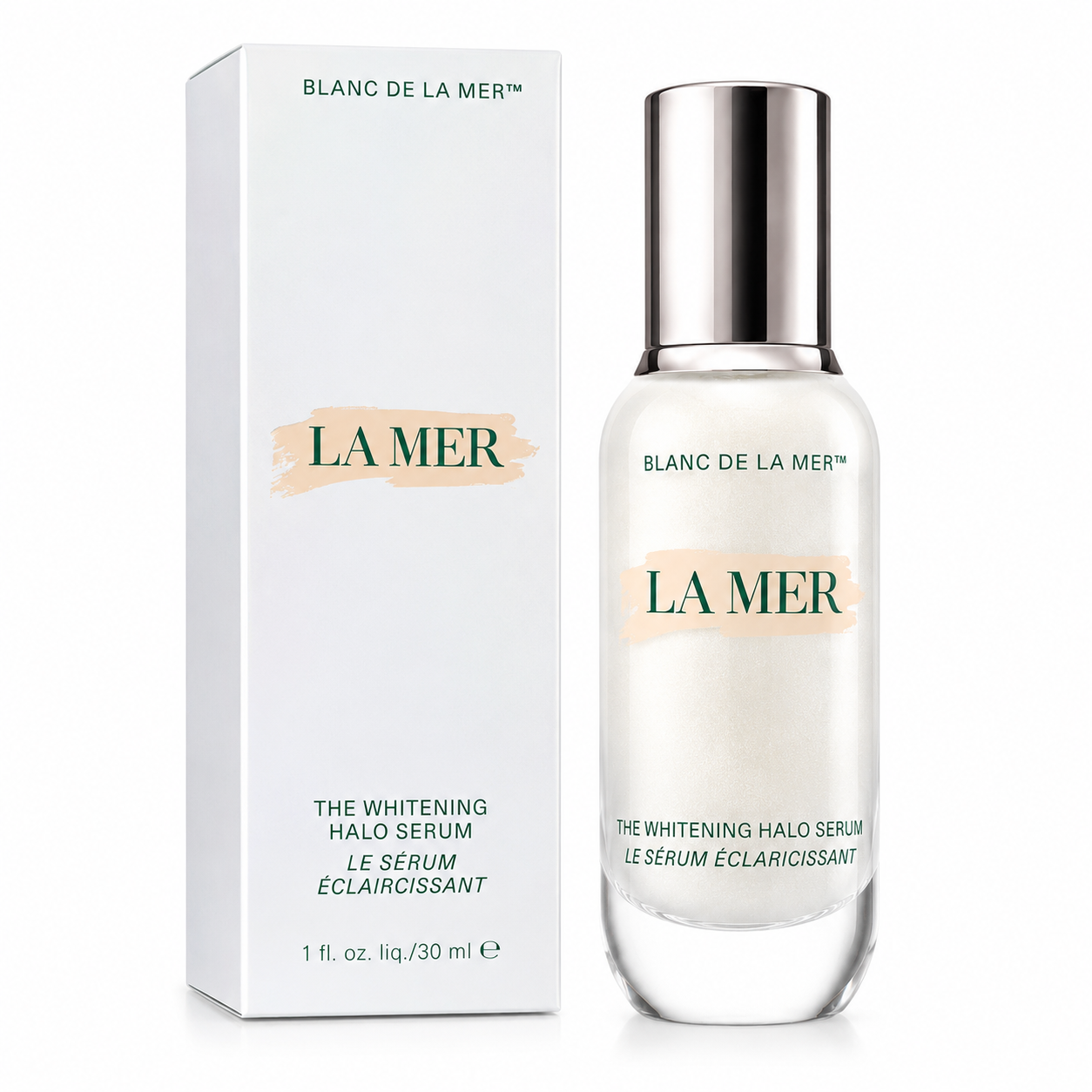 La Mer Whitening Halo Serum bottle and packaging on a white background
