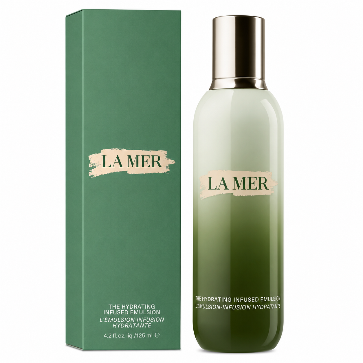 La Mer bottle and packaging on a white background