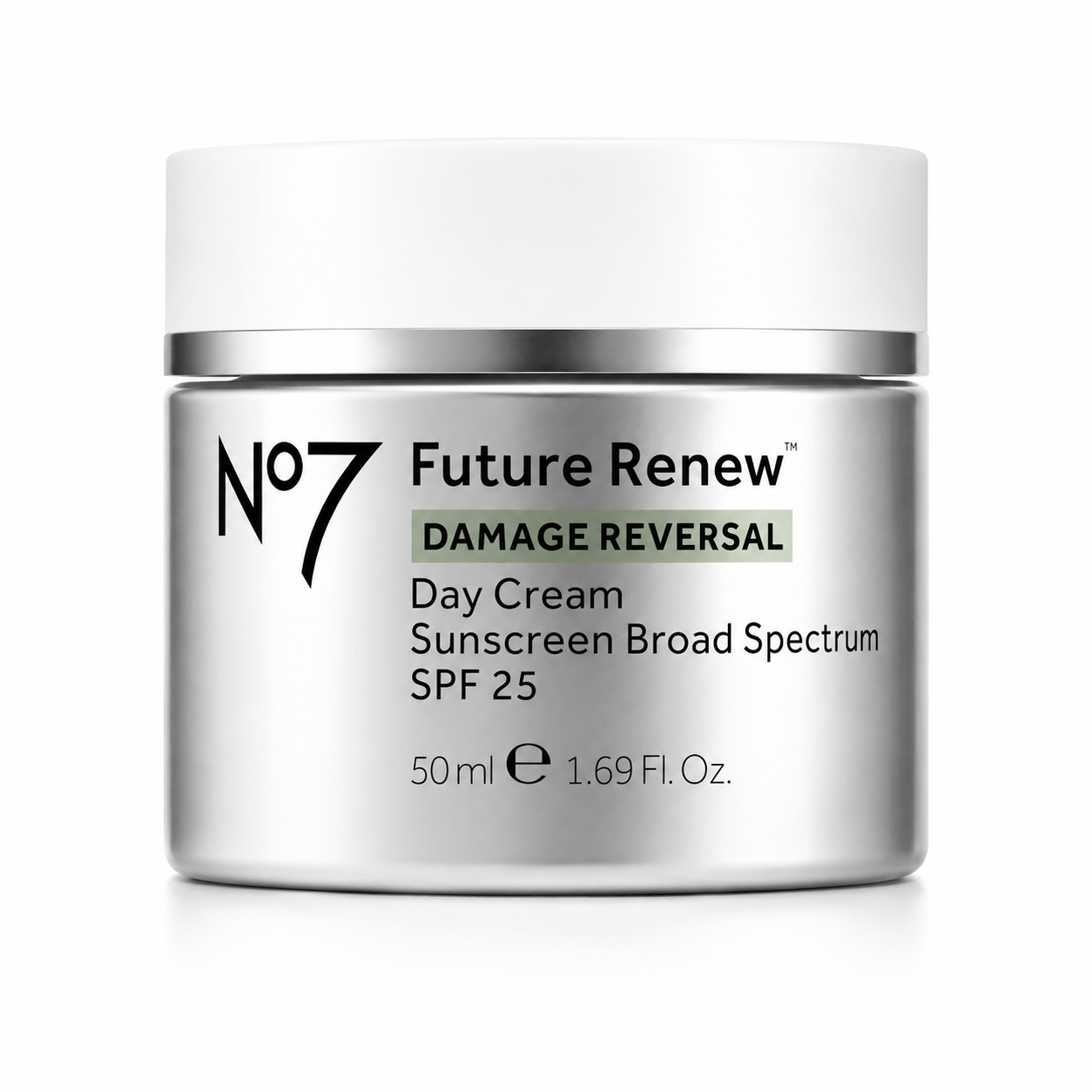 No7 Future Renew Damage Reversal Day Cream jar on a white background