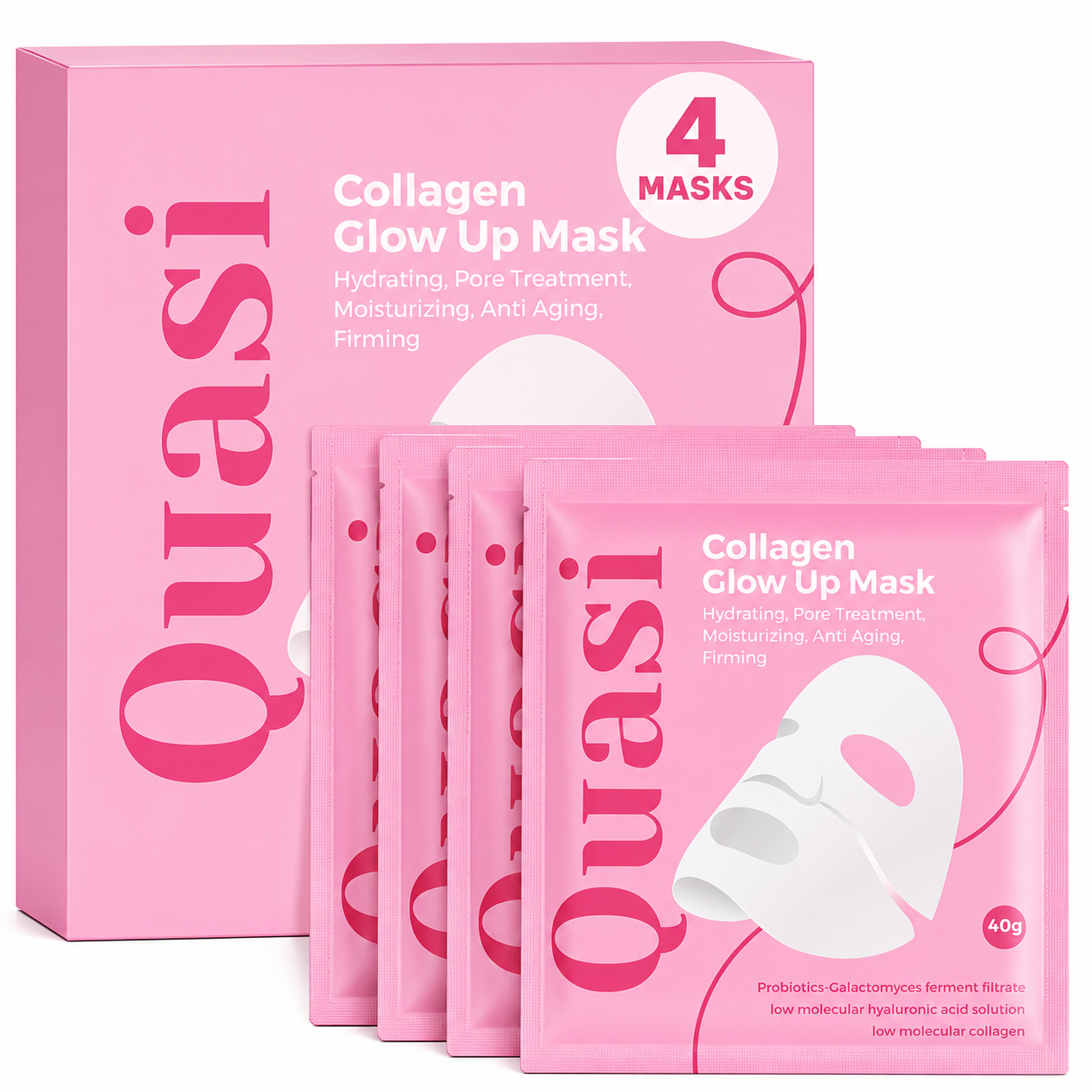 Quasi Collagen Glow Up Mask packaging with four masks displayed in front on a white background.