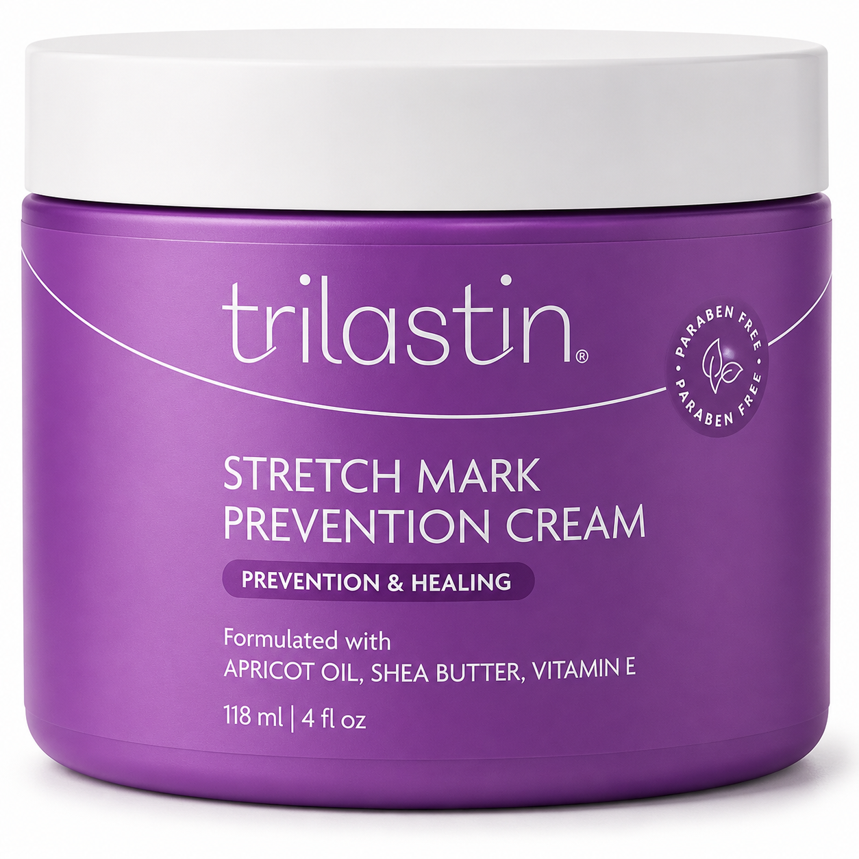 Purple jar of trilastin stretch mark prevention cream on a white background