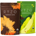 Two stand-up pouches of RYZE drink mix on a white background: Mushroom Coffee in brown with orange brushstroke artwork, and Mushroom Matcha in green with yellow-green artwork. Both show USDA Organic and Non-GMO badges.
