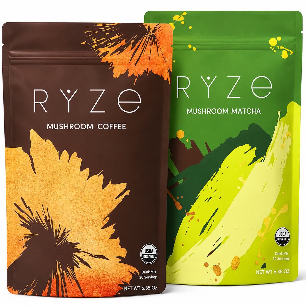 Two stand-up pouches of RYZE drink mix on a white background: Mushroom Coffee in brown with orange brushstroke artwork, and Mushroom Matcha in green with yellow-green artwork. Both show USDA Organic and Non-GMO badges.
