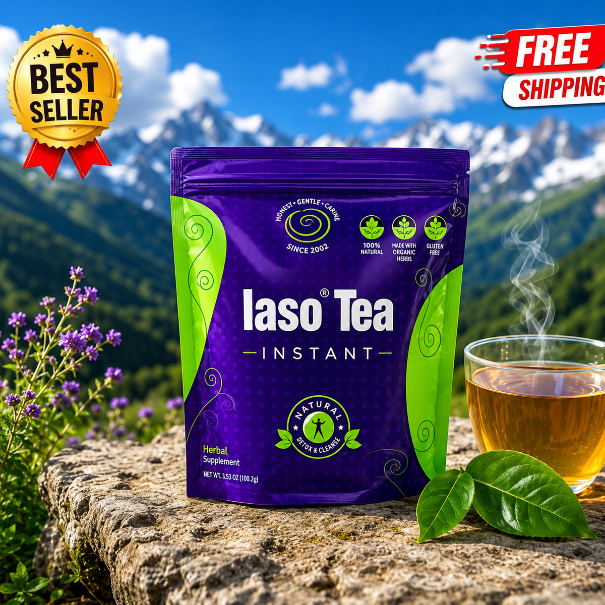 Iaso Tea Instant package with a scenic background of mountains and flowers