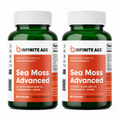 Two green supplement bottles with white caps labeled 'INFINITE AGE Sea Moss Advanced' on a plain white background.