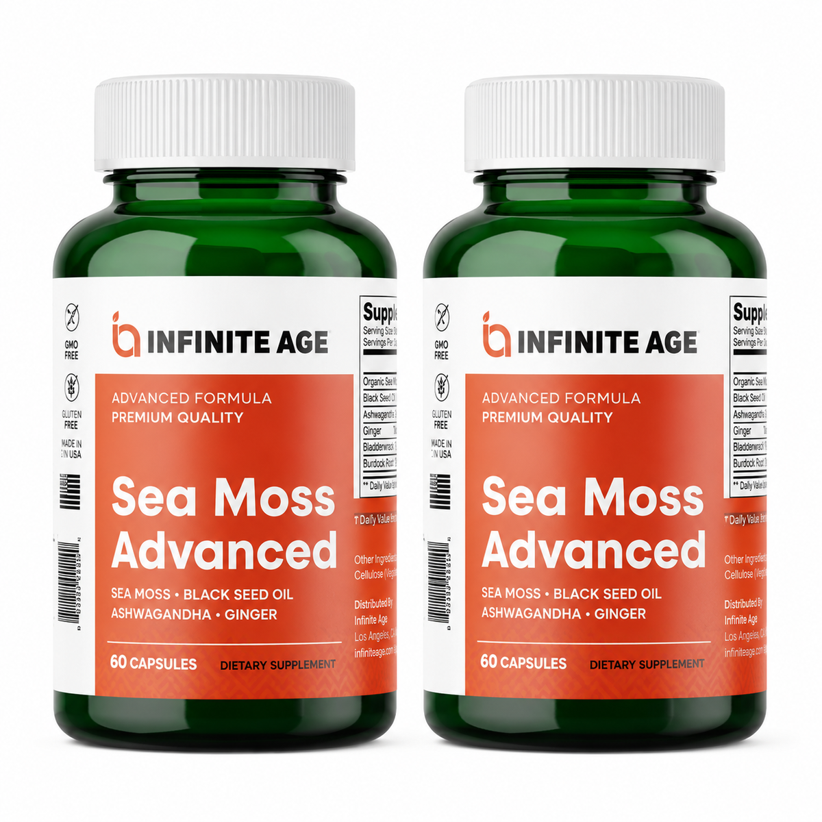 Two green supplement bottles with white caps labeled 'INFINITE AGE Sea Moss Advanced' on a plain white background.