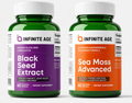 Two dietary supplement bottles labeled 'Black Seed Extract' and 'Sea Moss Advanced' by Infinite Age on a light gray background.