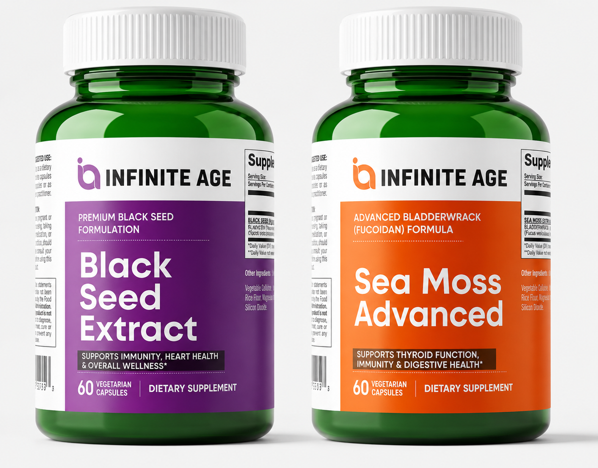 Two dietary supplement bottles labeled 'Black Seed Extract' and 'Sea Moss Advanced' by Infinite Age on a light gray background.
