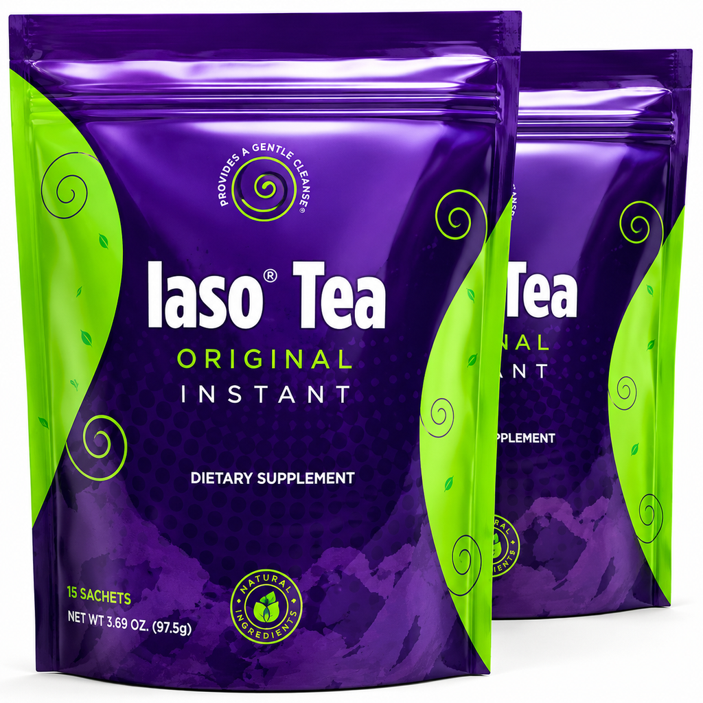 Two purple stand-up pouches of Iaso Tea Original Instant dietary supplement, shown on a plain white background with one pouch in front and a second pouch partially visible behind it.
