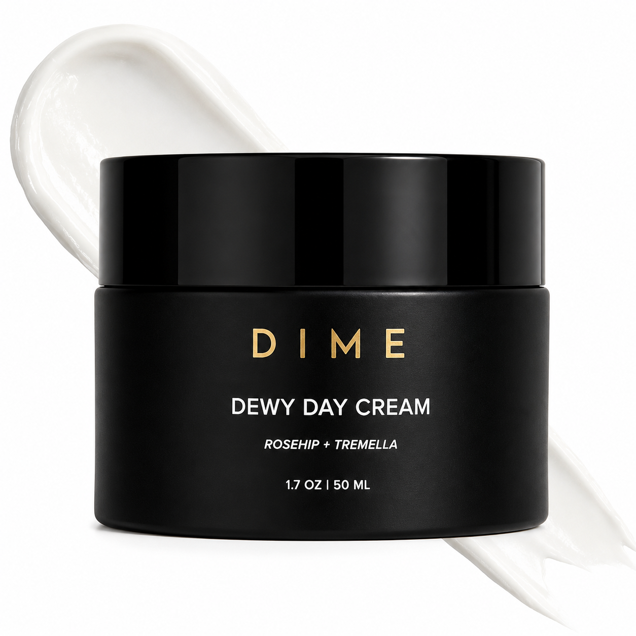 Black jar of DIME Dewy Day Cream with a white cream smear on a white background