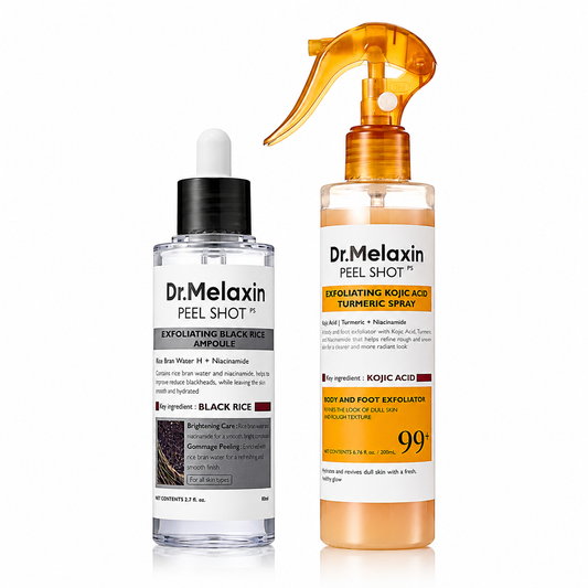 Two Dr. Melaxin Peel Shot skincare bottles on a white background: a clear dropper bottle with a black cap and a spray bottle with an amber trigger sprayer and orange liquid.