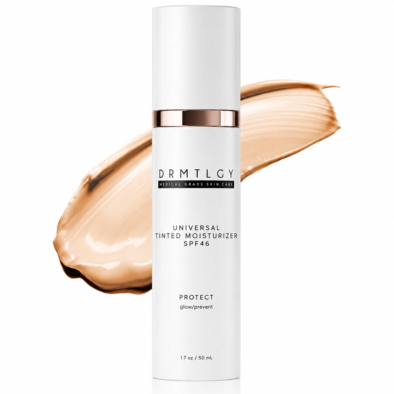DRMILGY Universal Tinted Moisturizer SPF46 bottle with a swatch of cream on a white background