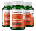 Three green supplement bottles with white caps labeled 'INFINITE AGE' and 'Sea Moss Advanced' on a clean white background.