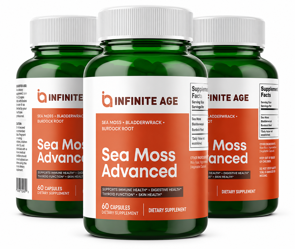 Three green supplement bottles with white caps labeled 'INFINITE AGE' and 'Sea Moss Advanced' on a clean white background.