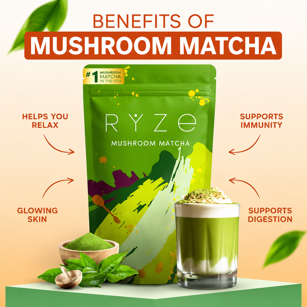 Rye Mushroom Matcha package with benefits listed on a light peach background