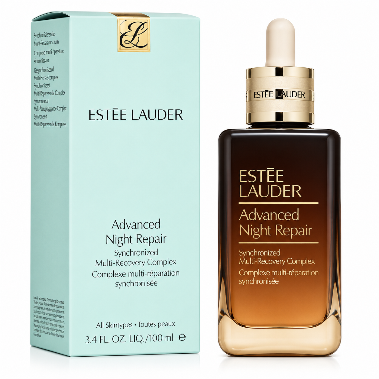 Estée Lauder Advanced Night Repair serum bottle and packaging on a white background