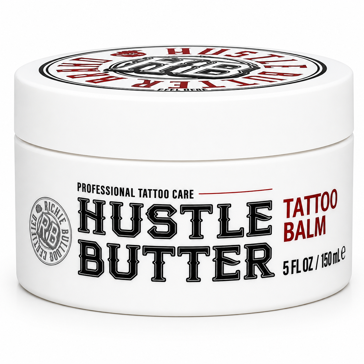 A white plastic jar of Hustle Butter Tattoo Balm with a white lid, featuring black and red text on a clean white background.