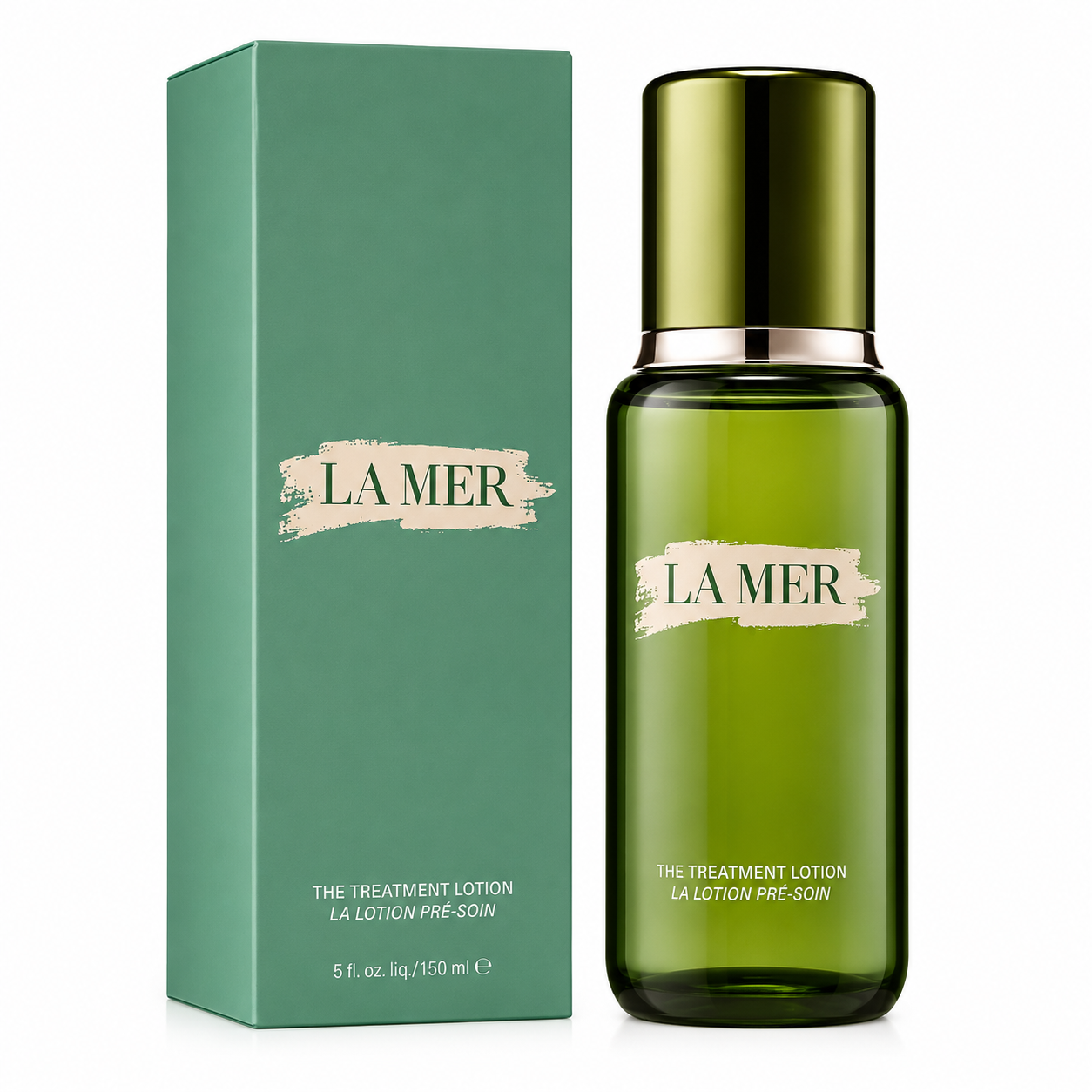 La Mer treatment lotion bottle and packaging on a white background