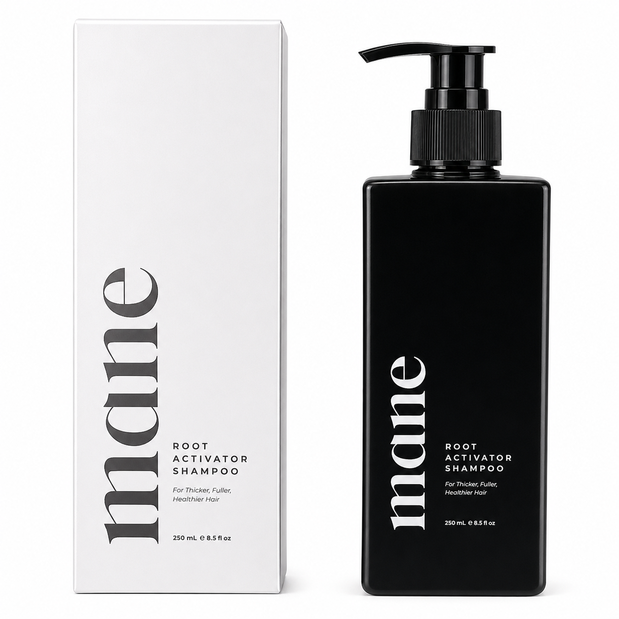 Black shampoo bottle and white box labeled 'mane' on a white background