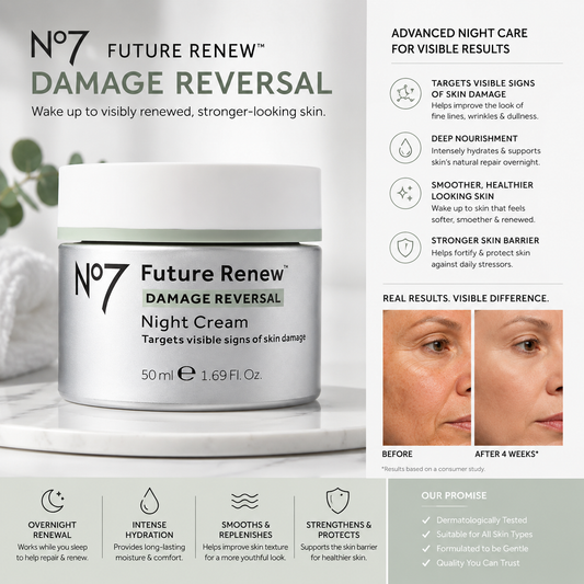 N07 Future Renew Damage Reversal Night Cream 50ml jar shown on a dark promotional graphic with product claims, a before/after face photo, and feature icons.