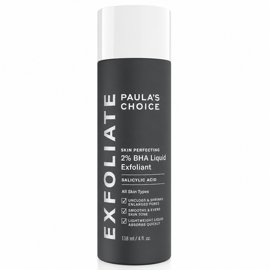 Bottle of Paula's Choice Exfoliate Skin Perfecting 2% BHA Liquid Exfoliant on a white background