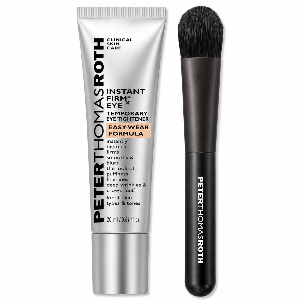 Peter Thomas Roth Instant Firm Eye Temporary Eye Tightener in a silver squeeze tube, shown next to a black makeup brush with white branding on a white background.