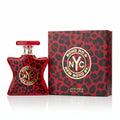 Red leopard print perfume bottle and packaging with 'Bond No. 9' logo on a white background