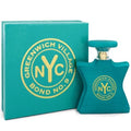 Teal perfume bottle and packaging with 'Greenwich Village Bond No. 9' logo on a white background