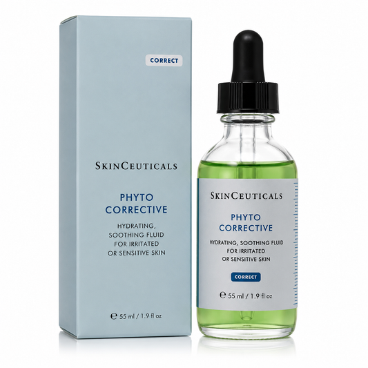 SkinCeuticals Phyto Corrective hydrating soothing fluid in a clear glass dropper bottle next to its light blue packaging box, on a white background.