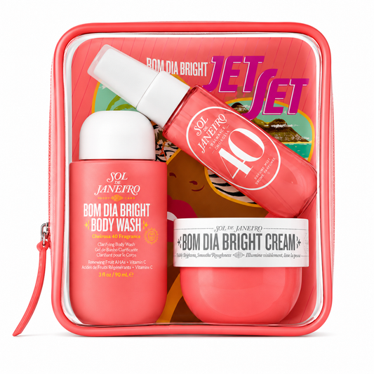 Cosmetic set with 'Bom Dia Bright' products in a 'Jet Set' themed case.