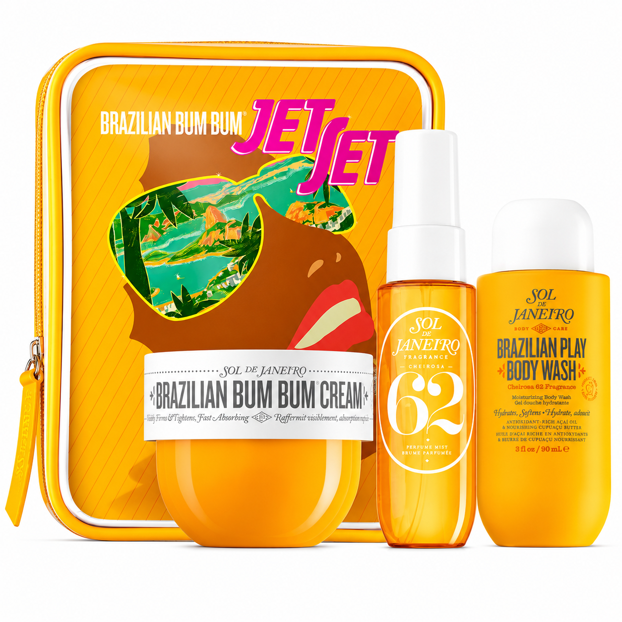 Brazilian Bum Bum Jet Set collection with cream, lotion, and body wash on a white background