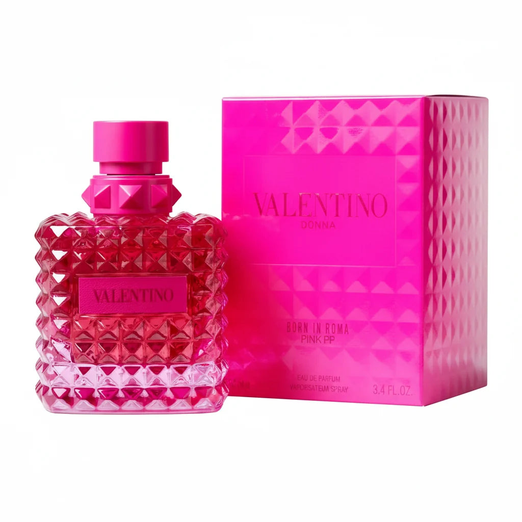 Valentino perfume bottle and packaging with pink design on a white background