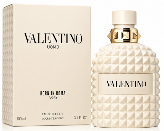 Valentino Uomo Born in Roma Ivory perfume bottle and packaging on a white background